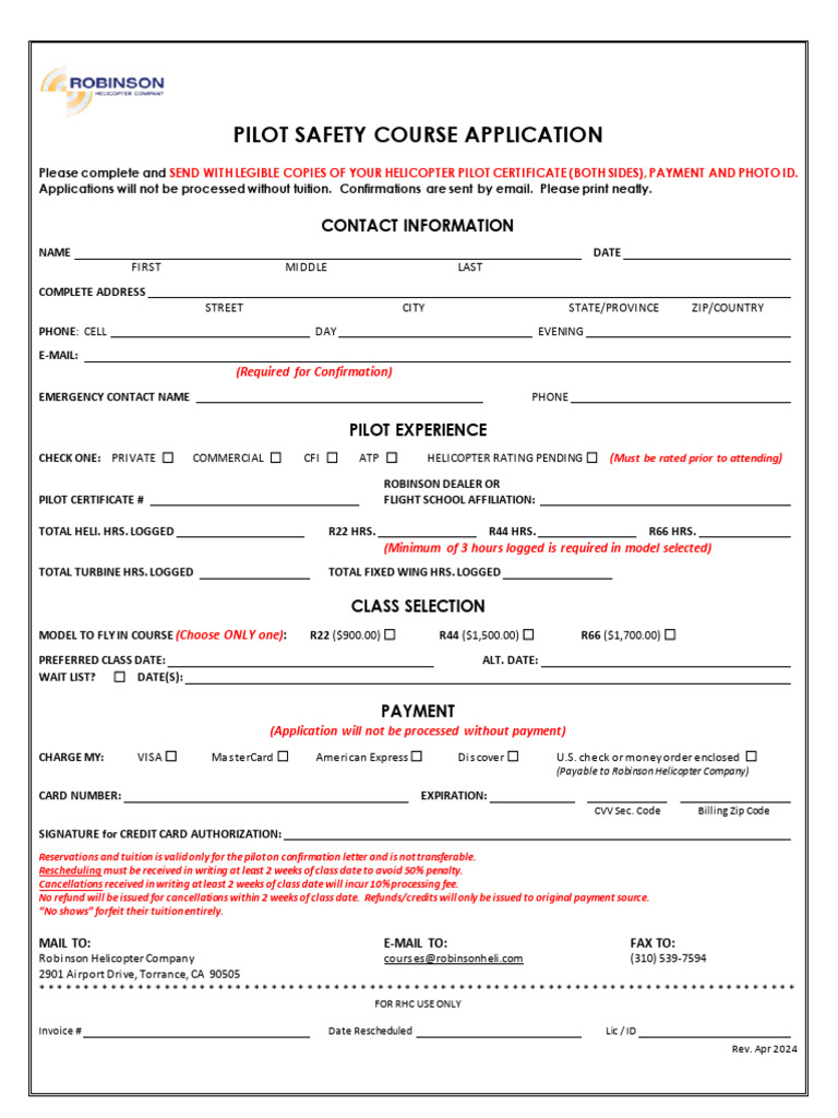 Helicopter Pilot Safety Course Application | PDF | Payments