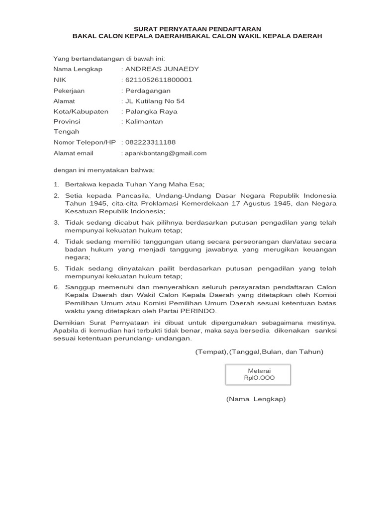 Draft Surat Pernyataan Komitmen Cakada - Cawakada - Persyaratan KPUD v3 ...