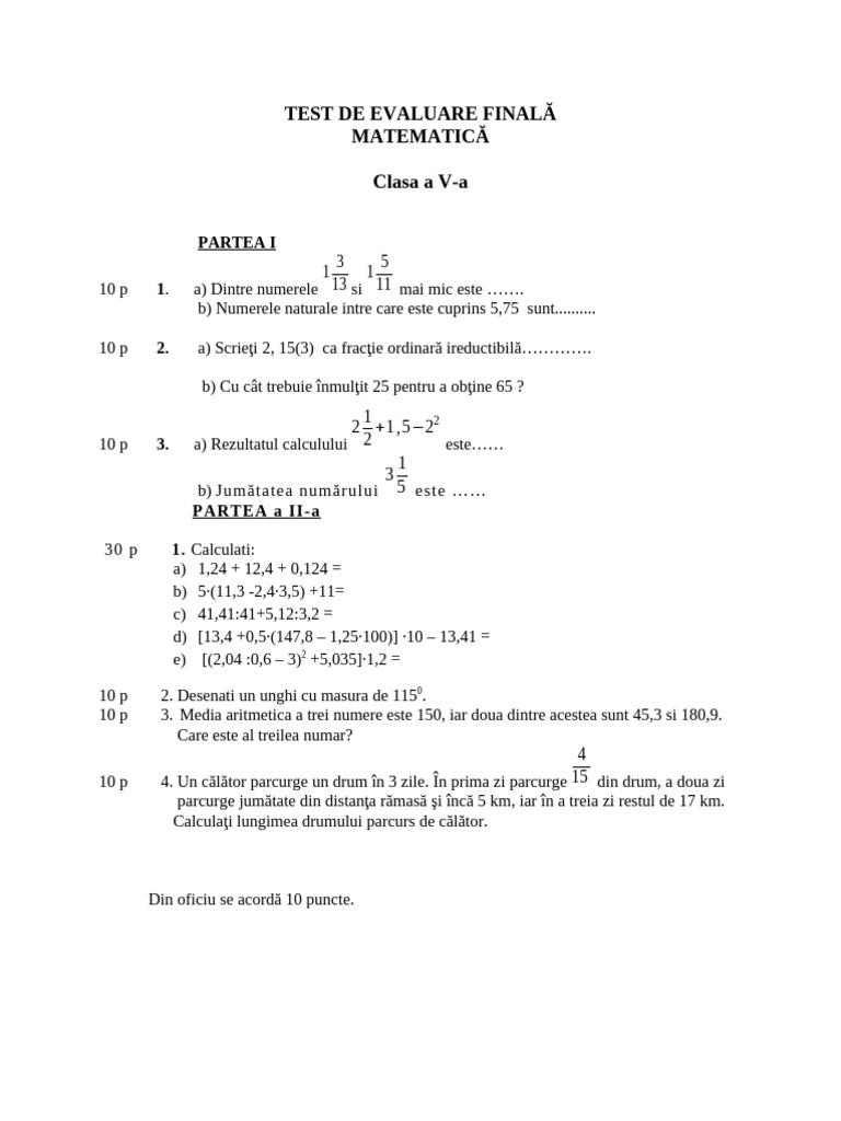 Test de Evaluare Finala. Clasa A Va | PDF