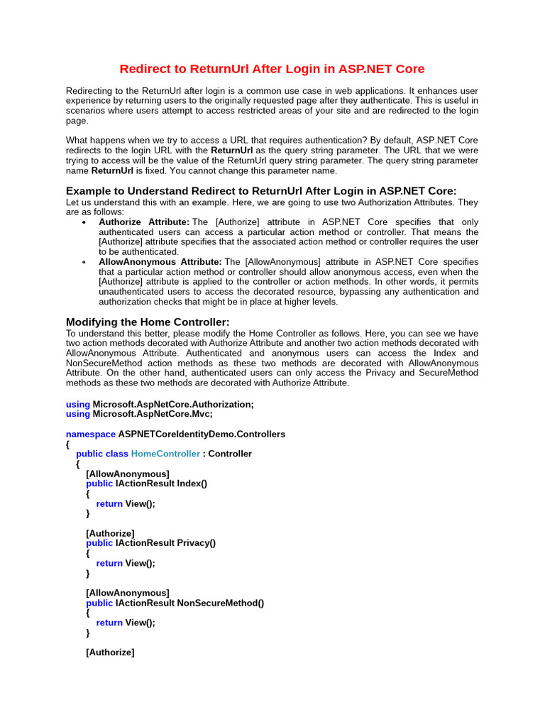 Part - 8 Redirect To ReturnUrl After Login in ASP - Net Core | PDF ...