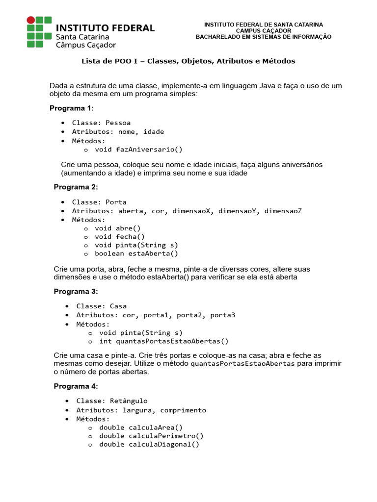 POO em Java: Classes e Métodos Exemplares | PDF