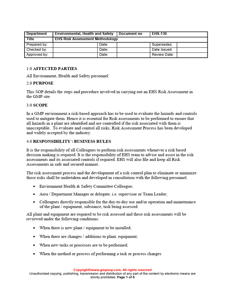 EHS 130 EHS Risk Assessment Methodology Sample | PDF | Risk Assessment ...