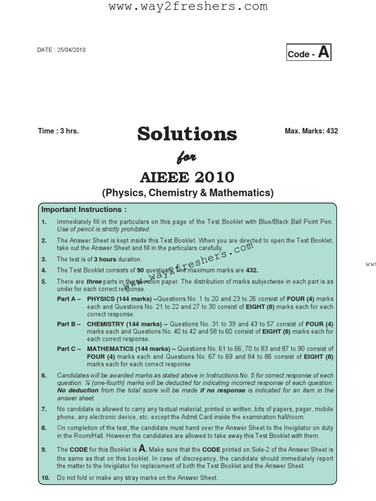 AIEEE 2010 Solutions Overview | PDF | Radiation | Photoelectric Effect