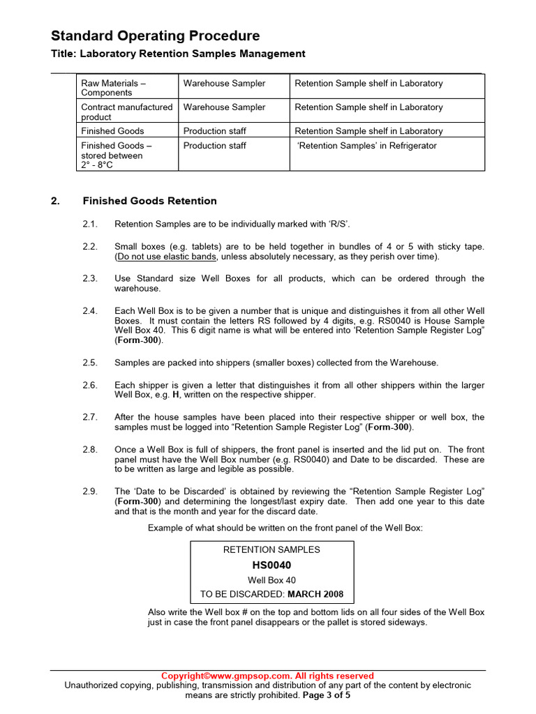 LAB 045 Laboratory Retention Samples Management Sample | PDF
