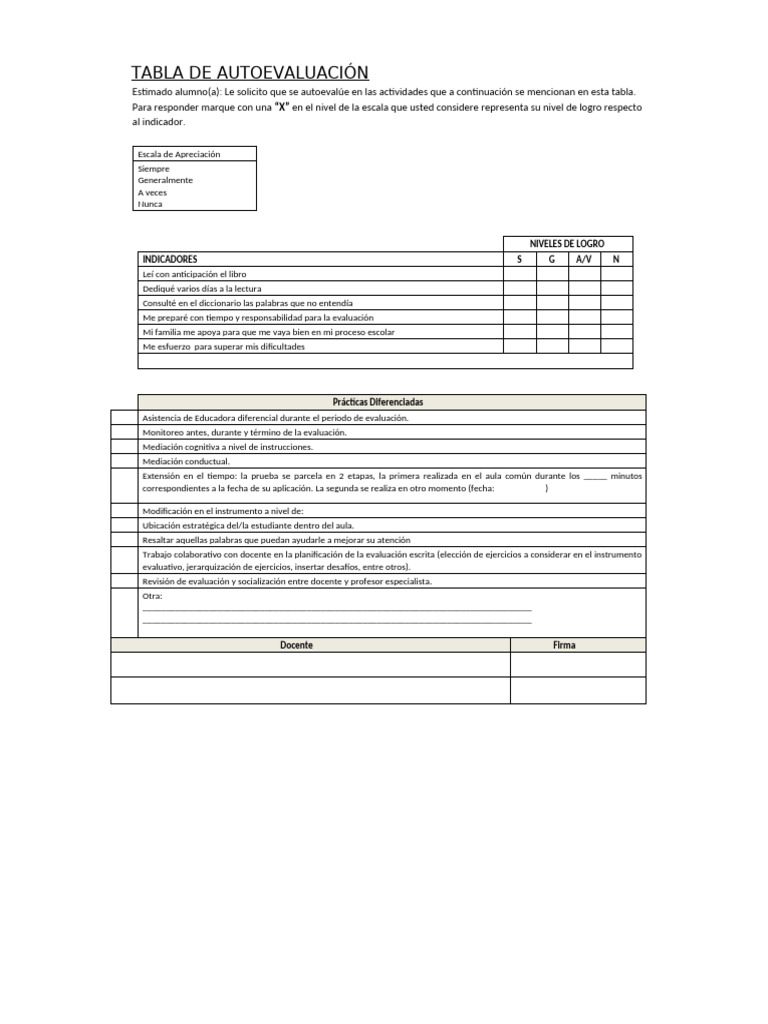 Tabla de Autoevaluación Estudiantil | PDF