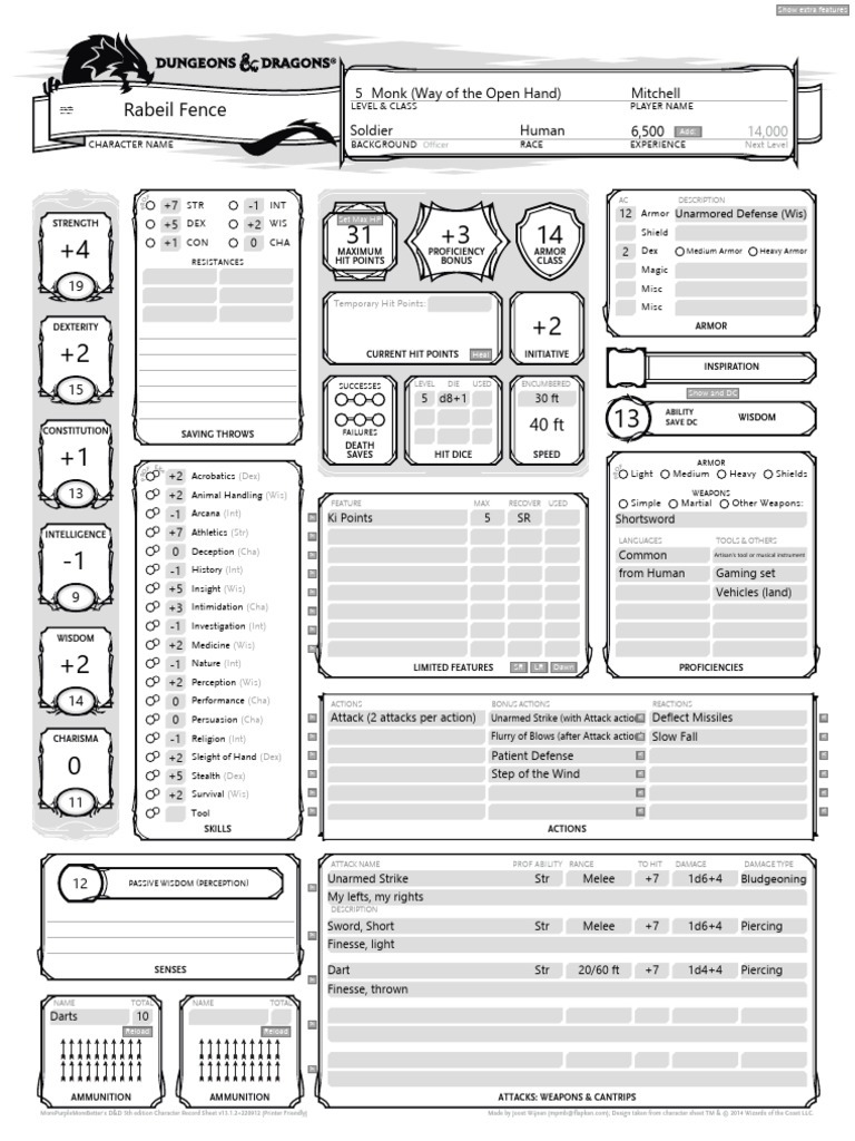 Level 5 Monk Character Sheet | PDF
