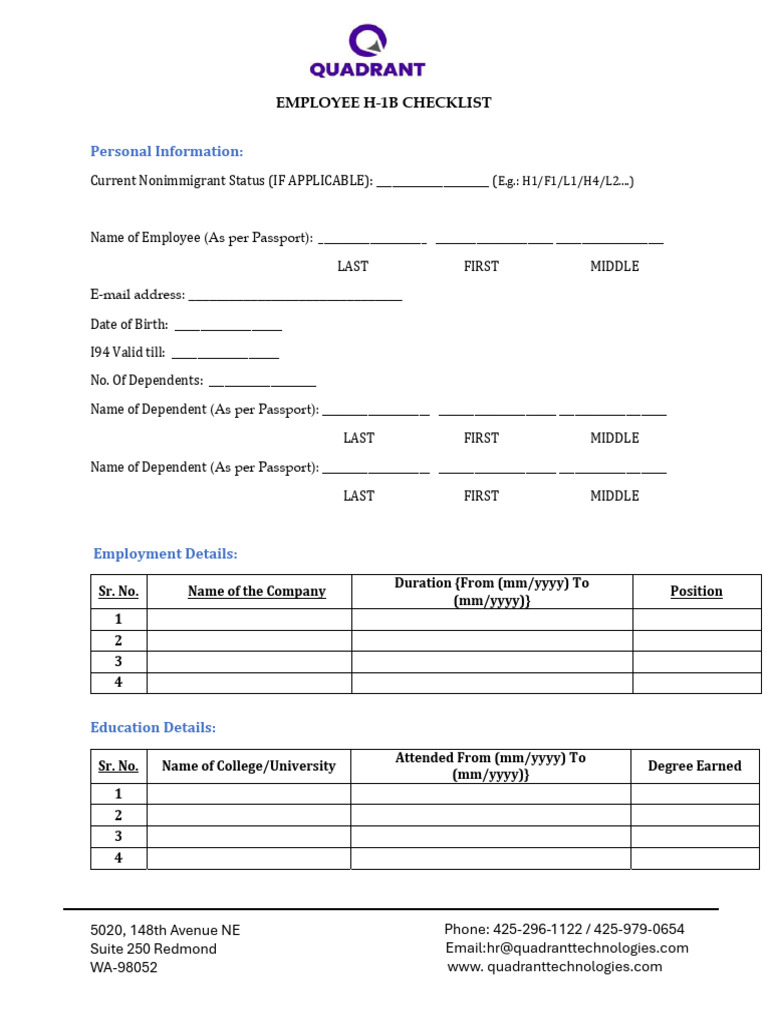 H-1B Employee Document Checklist | PDF | Travel Visa | H 1 B Visa
