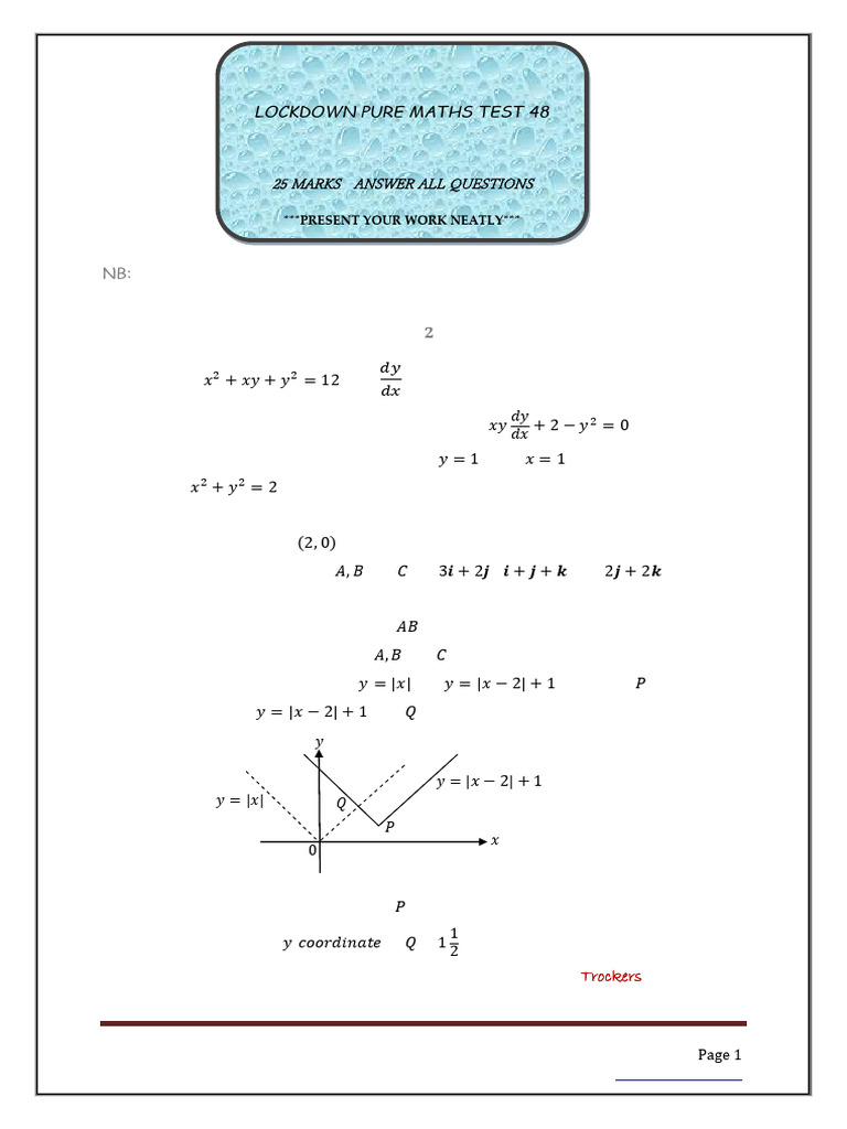 Pure Maths Test: Differential Equations & Geometry | PDF