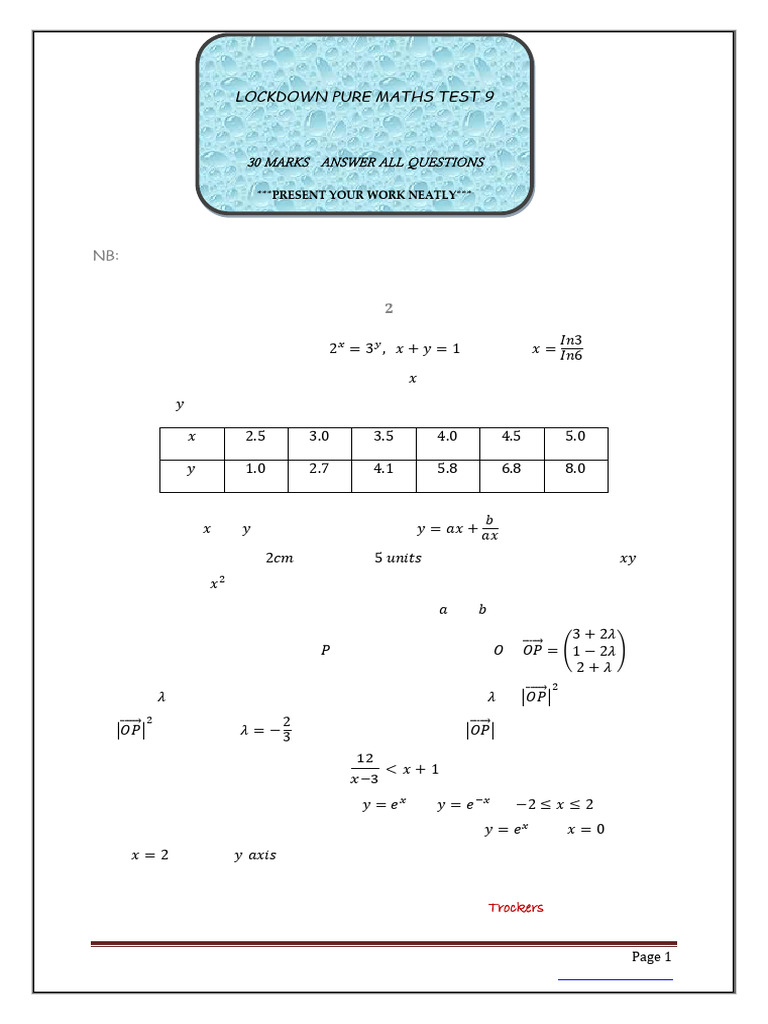 Pure Maths Test: Simultaneous Equations & Graphs | PDF