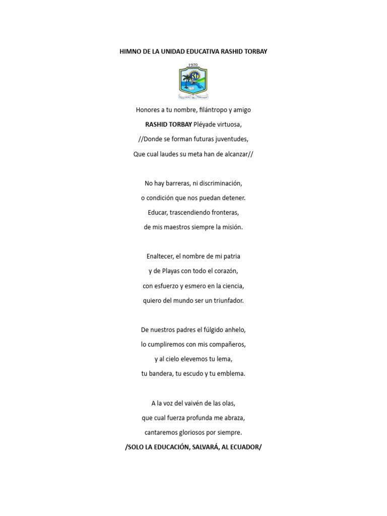 Himno de la Unidad Educativa Rashid Torbay | PDF