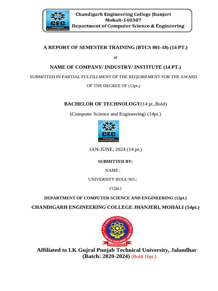 B.Tech Computer Science Training Report | PDF | Typefaces | Times New Roman
