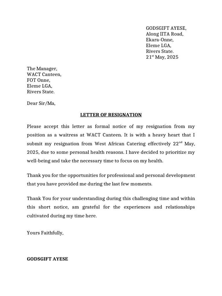 Resignation Letter from WACT Canteen | PDF