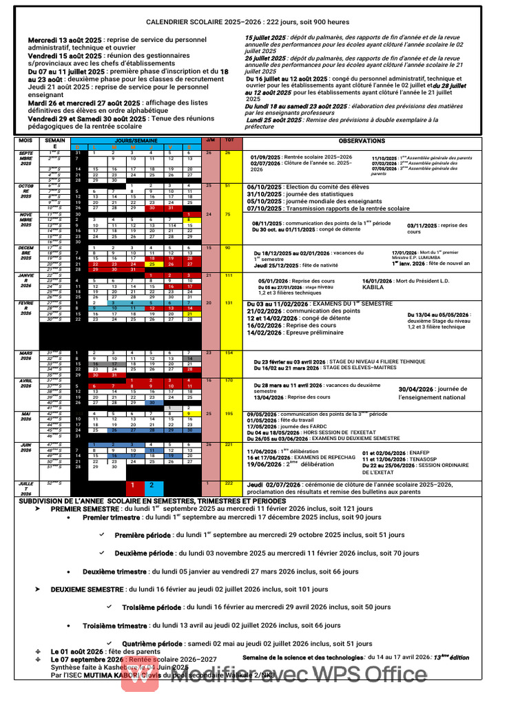 Calendrier Scolaire 2025-2026 RDC | PDF