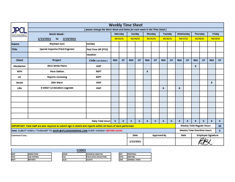 2.22.2021 Weekly Timesheet | PDF | Working Time | Labor