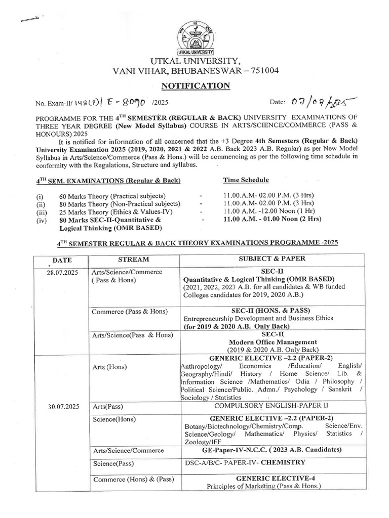 Ug 4th Sem R B Exam Schedule 2025 | PDF