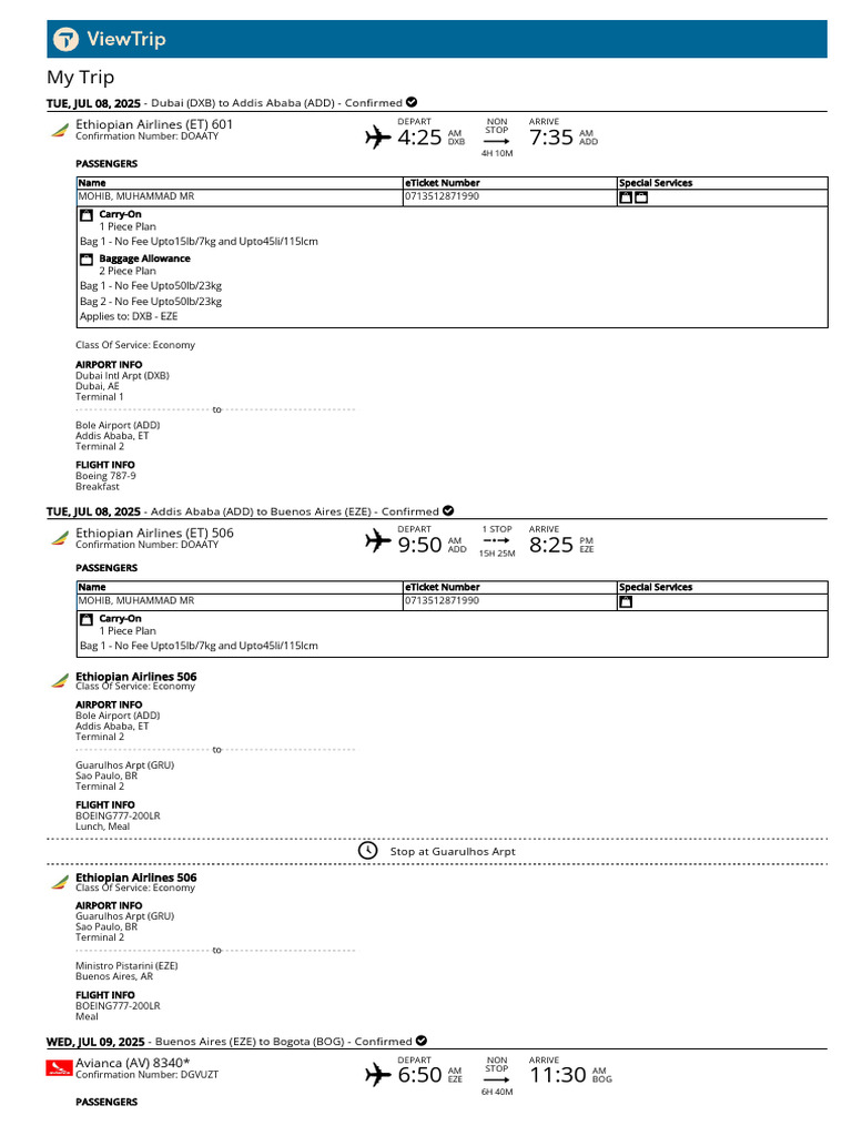 New Re Issued E Ticket - DXB EZE BOG GEO by ET N AV On 08jul For Mr ...