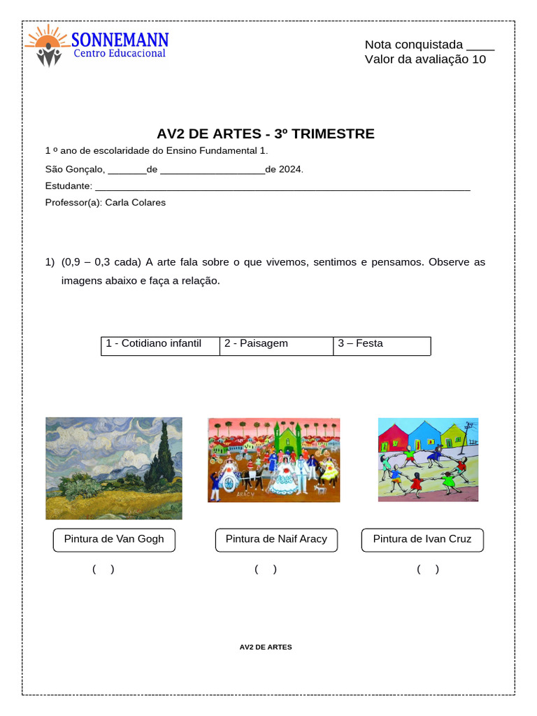 Avaliação de Artes - 1º Ano Ensino Fundamental | PDF