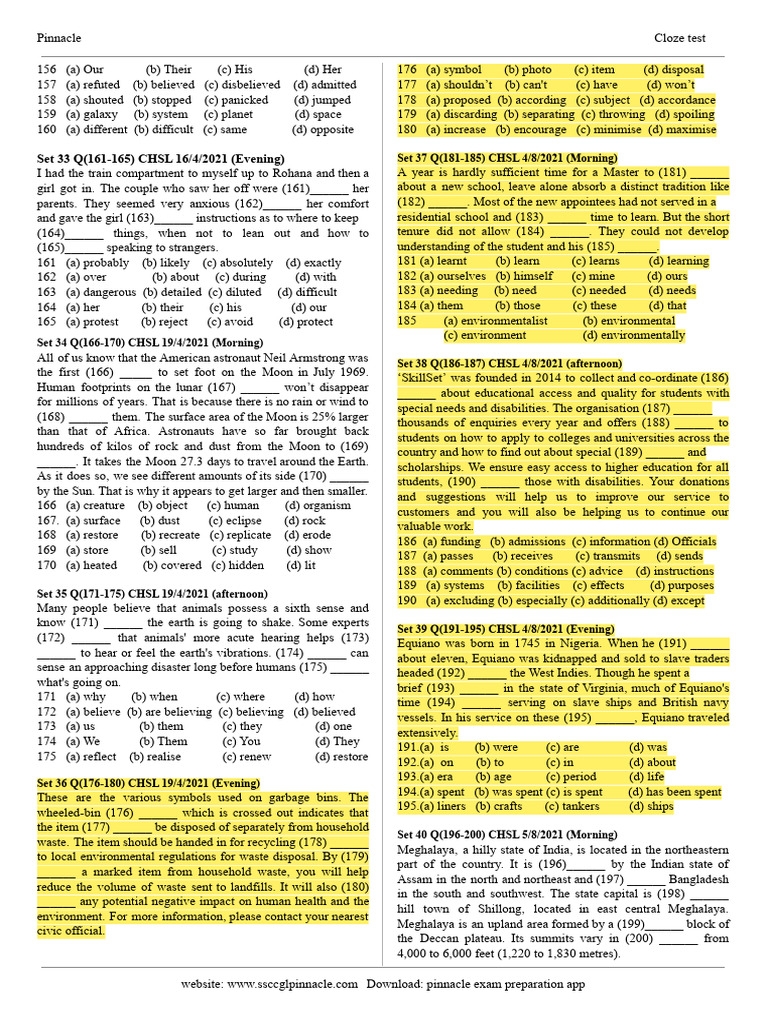 Cloze Test Questions for CHSL Exam | PDF | Waste | Moon