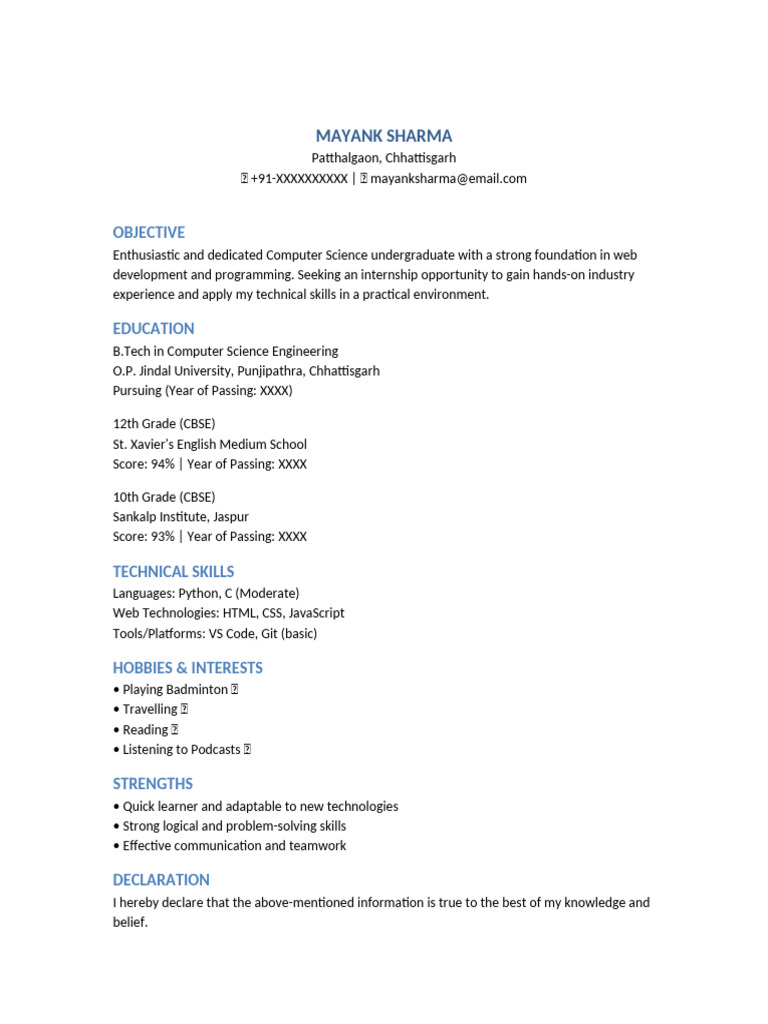 Computer Science Intern Resume | PDF