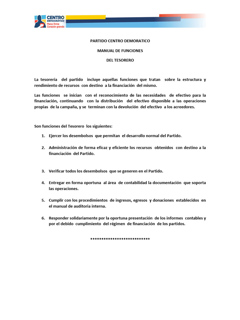 Funciones del Tesorero del Partido | PDF