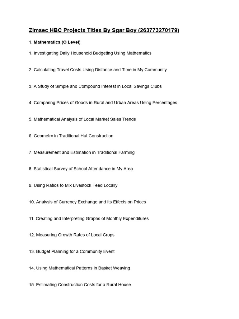Updated Zimsec HBC Projects Titles For o Levels by Sgar Boy ...