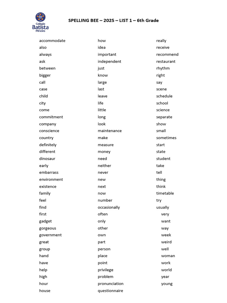 Spelling Bee - List 1 - 6th Grade - 2025 | PDF | Chess Theory | Chess
