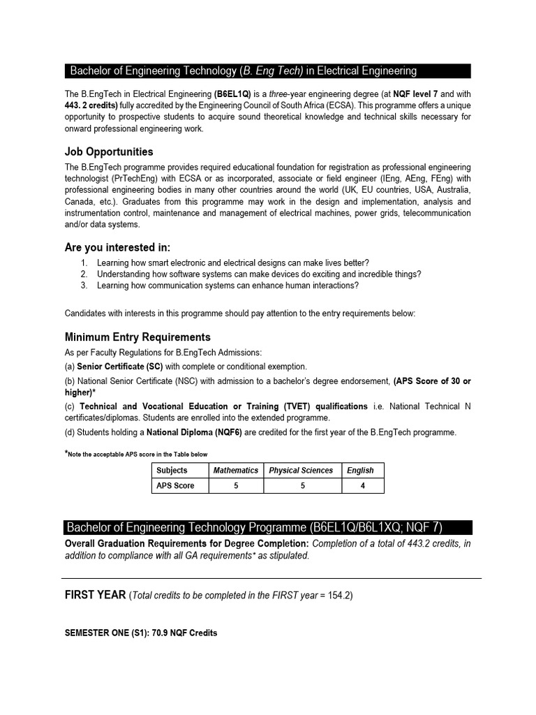 B.EngTech in Electrical Engineering Overview | PDF | Career And ...