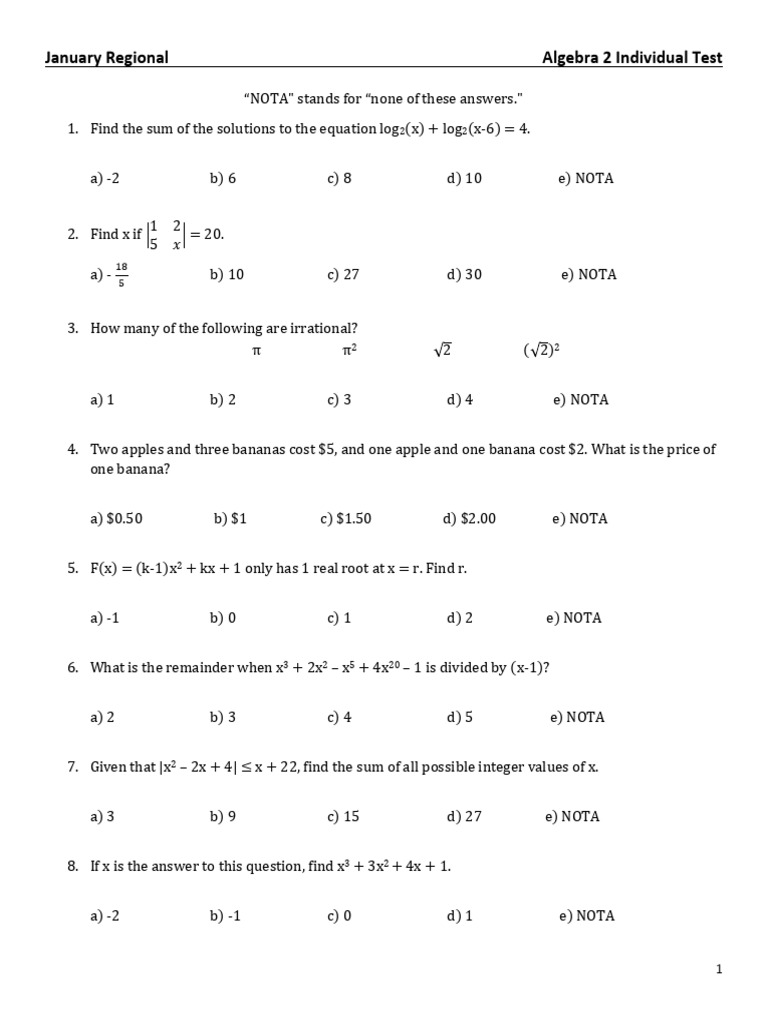Algebra 2 Test Questions and Solutions | PDF | Logarithm | Function ...