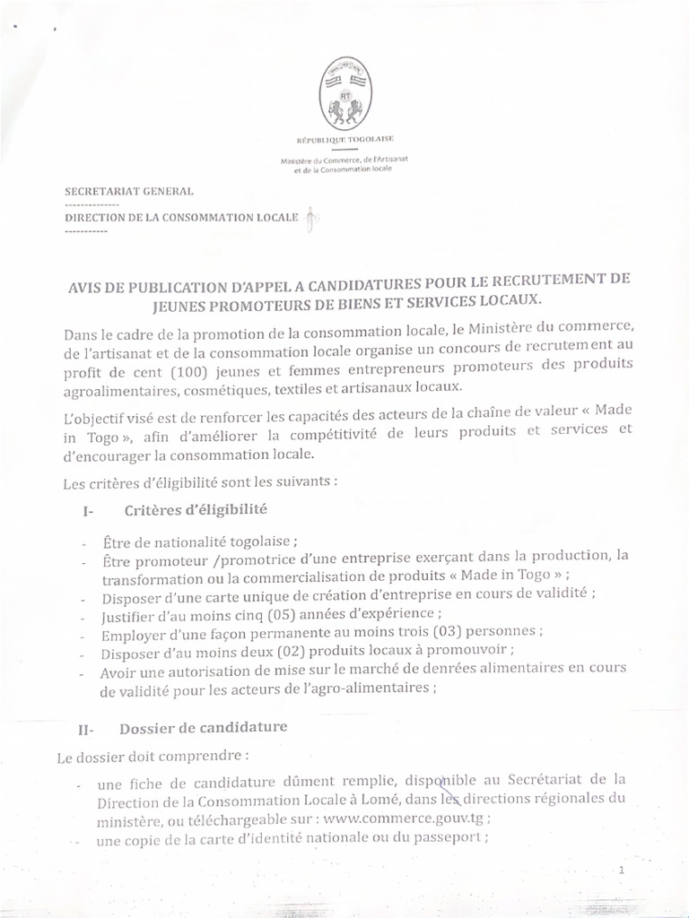 Avis de Publication Dappel A Candidature Pour Le Recrutement de Jeunes ...