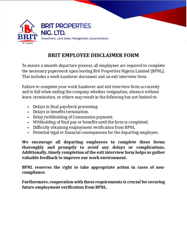 Brit Employee Disclaimer Form | PDF