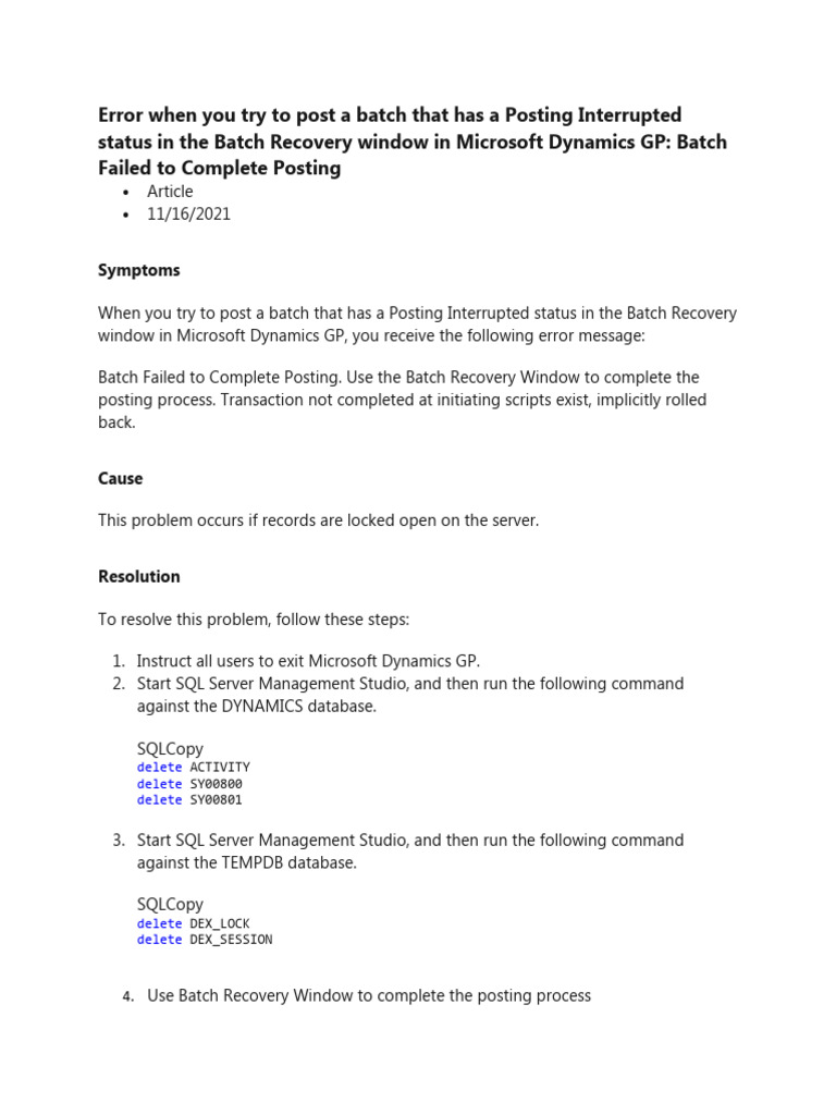 Resolving Batch Posting Errors in GP | PDF