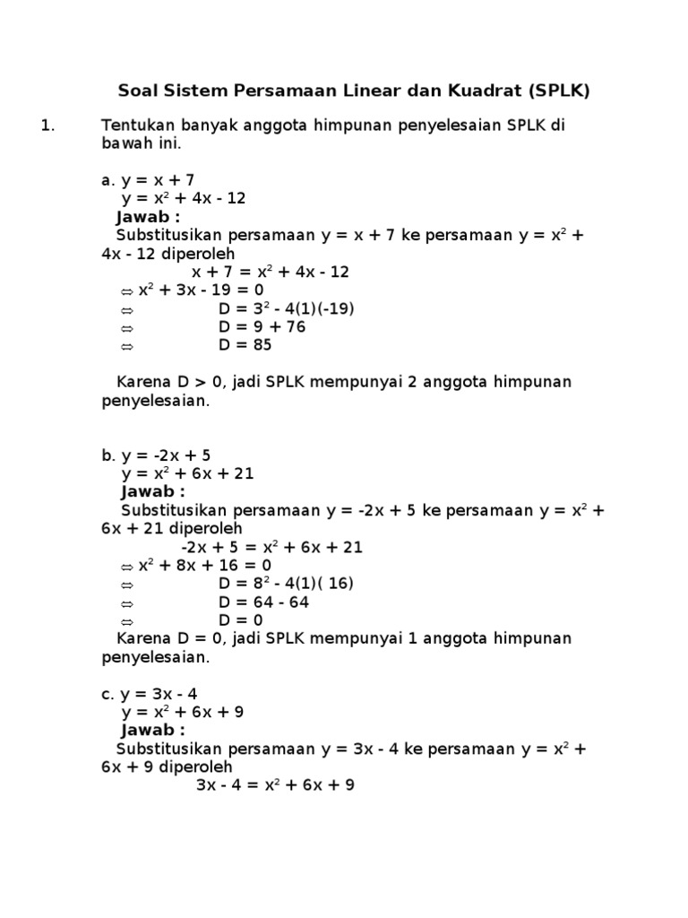 Soal Sistem Persamaan Linear Dan Kuadrat