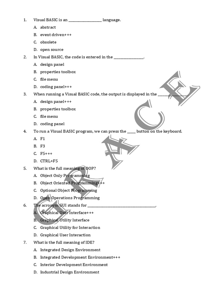 Visual Basic Programming Quiz Questions | PDF | Window (Computing ...