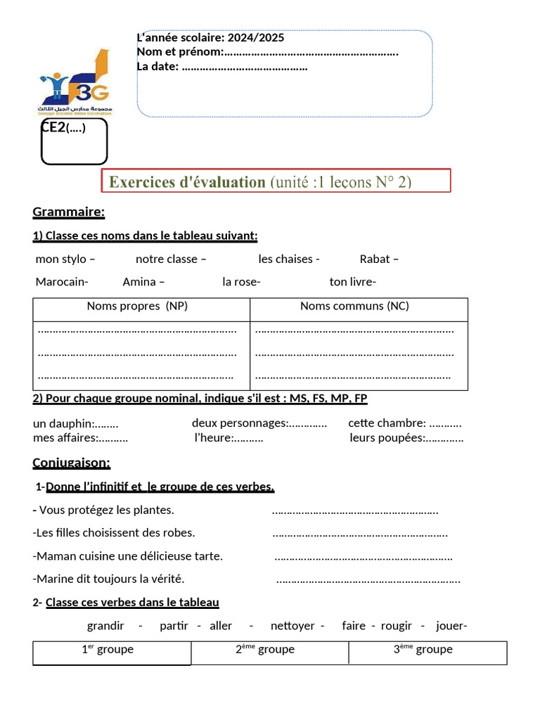 Grammaire CE2: Exercices 2024/2025 | PDF | Verbe | Lexical semantics