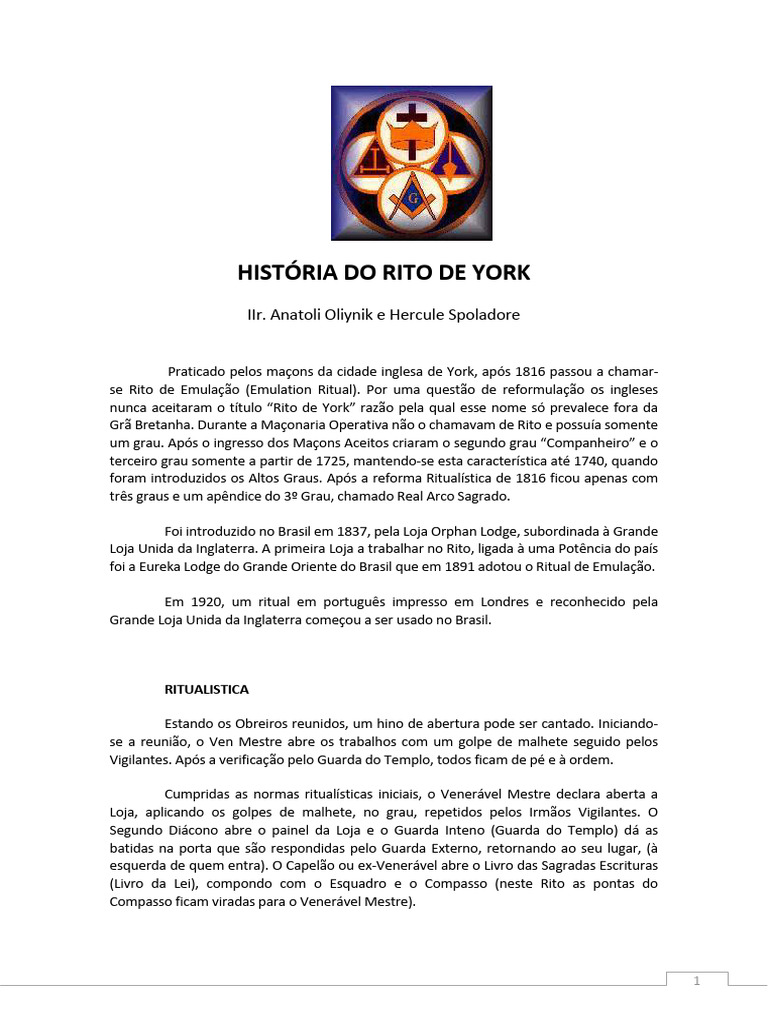 História e Ritual do Rito de York | PDF | Loja Maçônica | Maçonaria