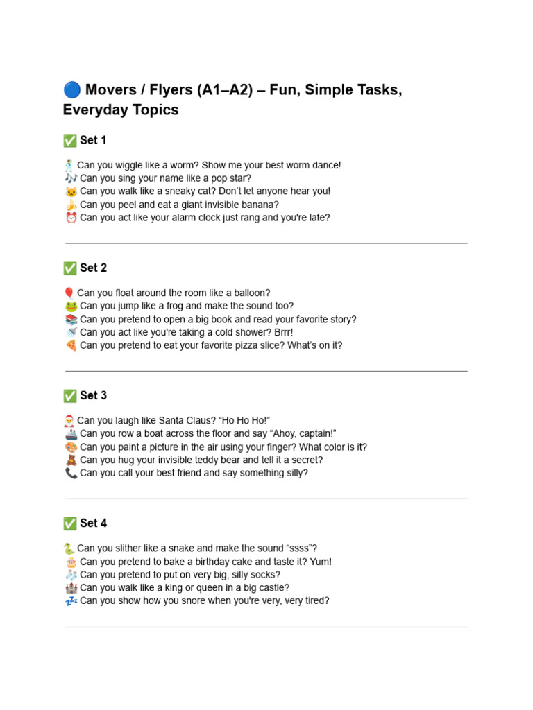 ? Movers - Flyers (A1-A2) - Fun, Simple Tasks, Everyday Topics | PDF
