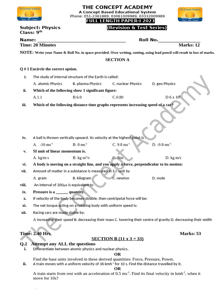 9th Grade Physics Test Paper 2023 | PDF | Force | Velocity