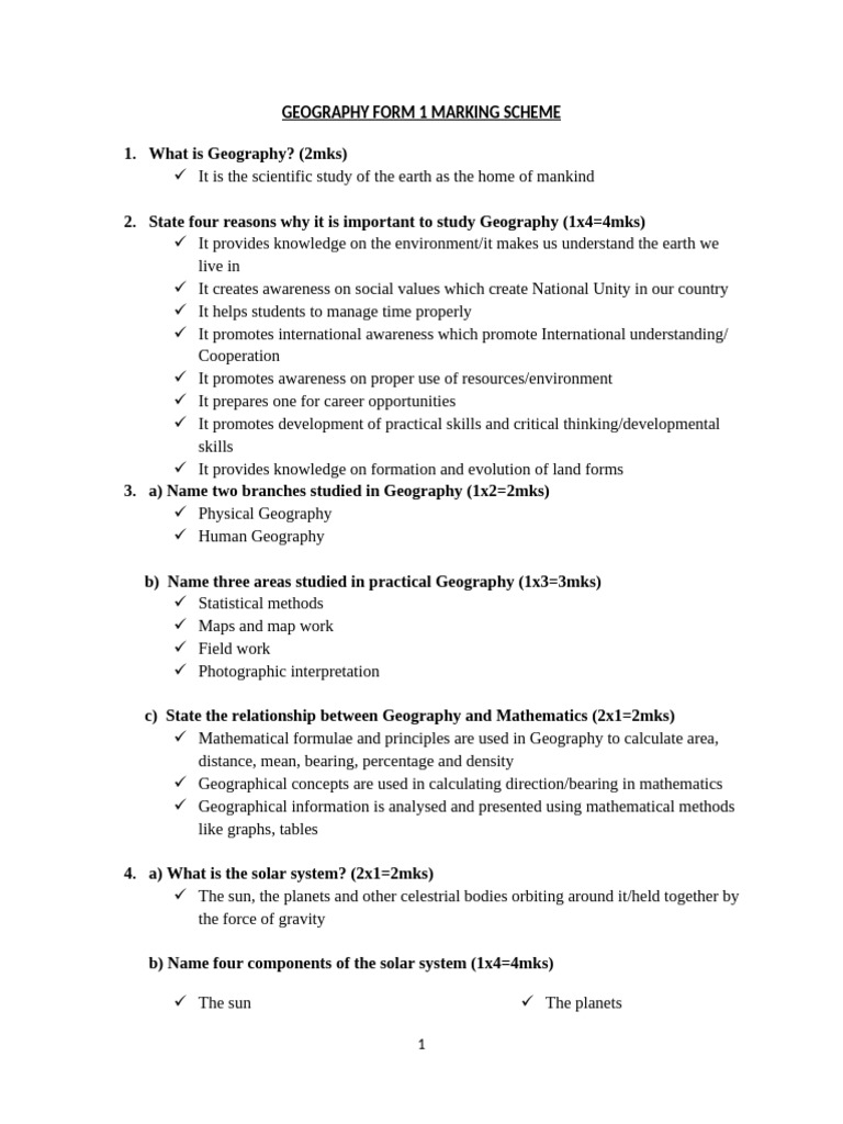 Form 1 Geography Marking Scheme | PDF | Earth | Atmosphere Of Earth
