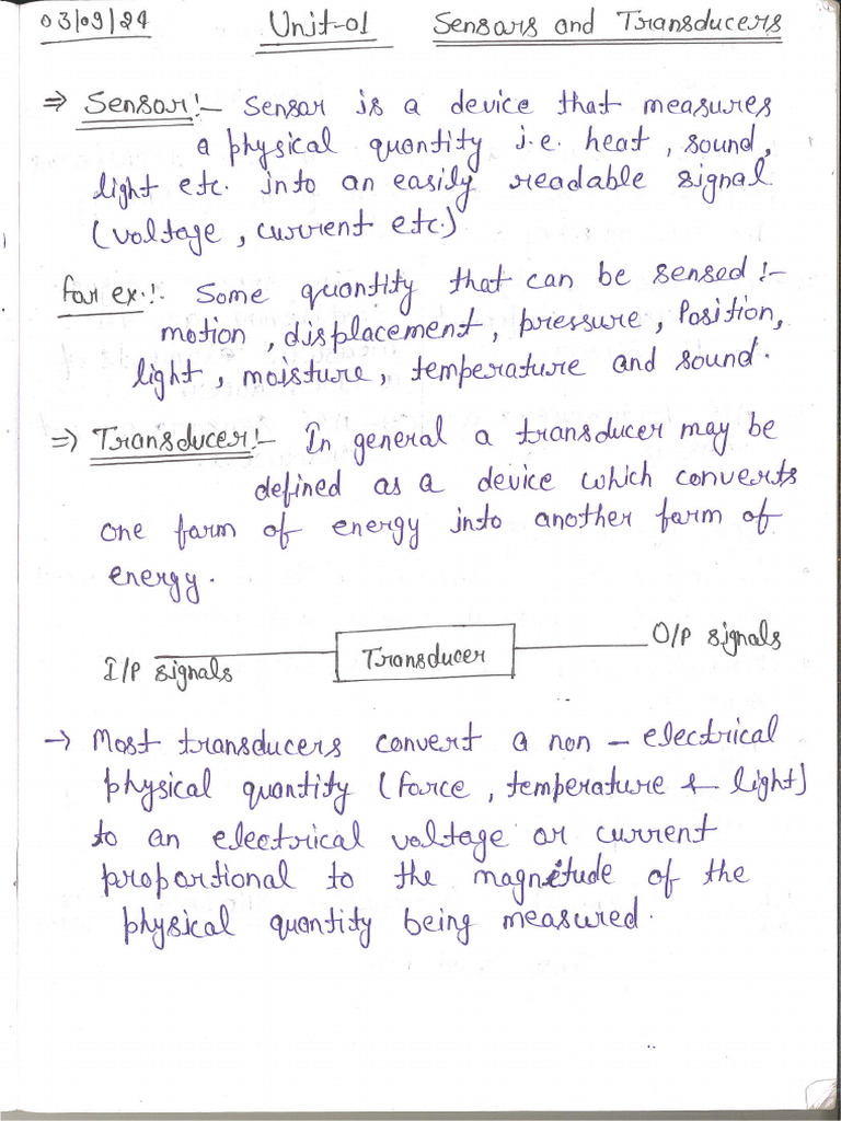 Sensors and Transducers - Notes | PDF