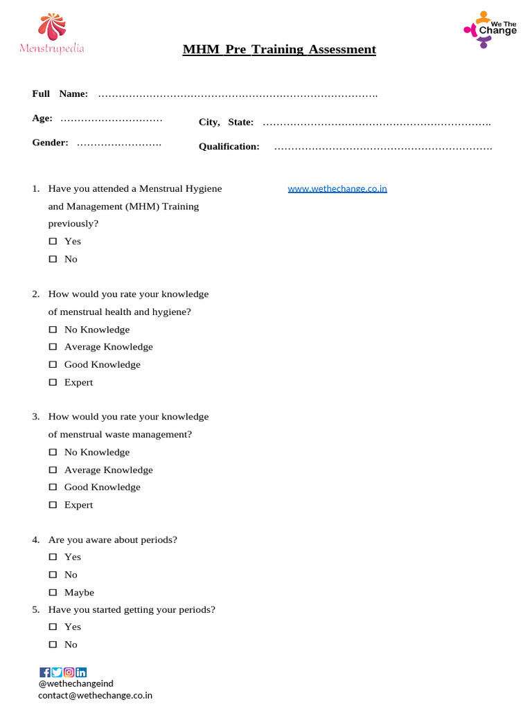 Menstrual Hygiene Training Assessment Form | PDF