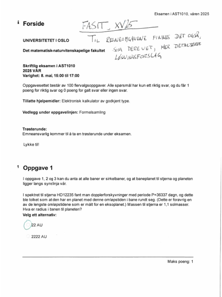 Eksamen Ast1010 Var 2025 Fasit | PDF