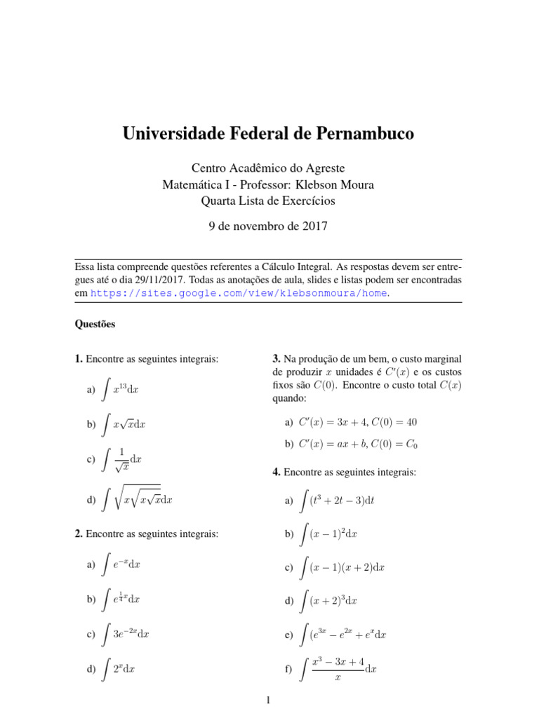 Lista de Exercícios de Cálculo Integral | PDF | Economia