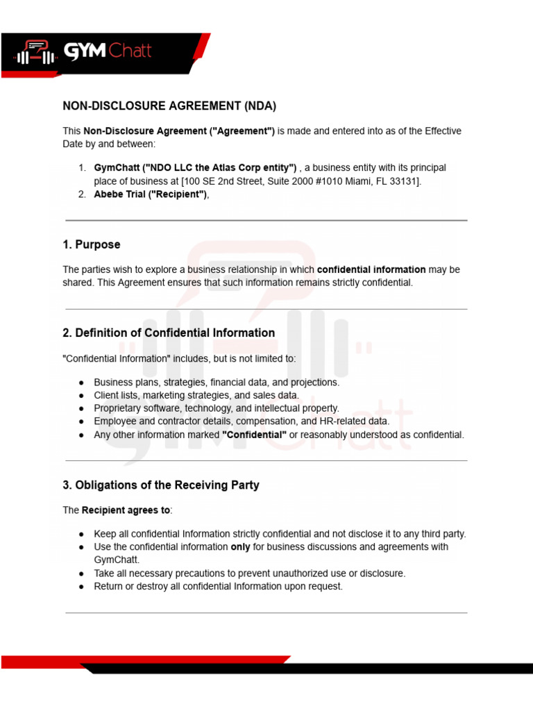 NDA for GymChatt and Abebe Trial | PDF | Non Disclosure Agreement ...