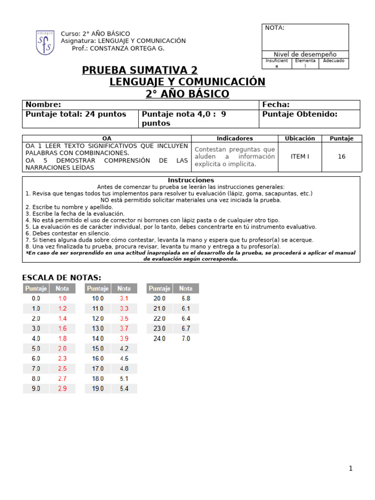 Prueba de Lenguaje 2° Básico: Nabo y Pastorcito | PDF
