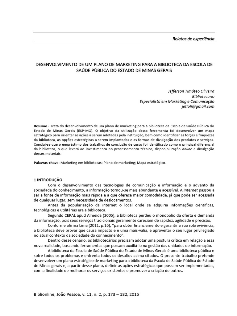 Plano de Marketing para Biblioteca ESP-MG | PDF | Análise SWOT | Marketing