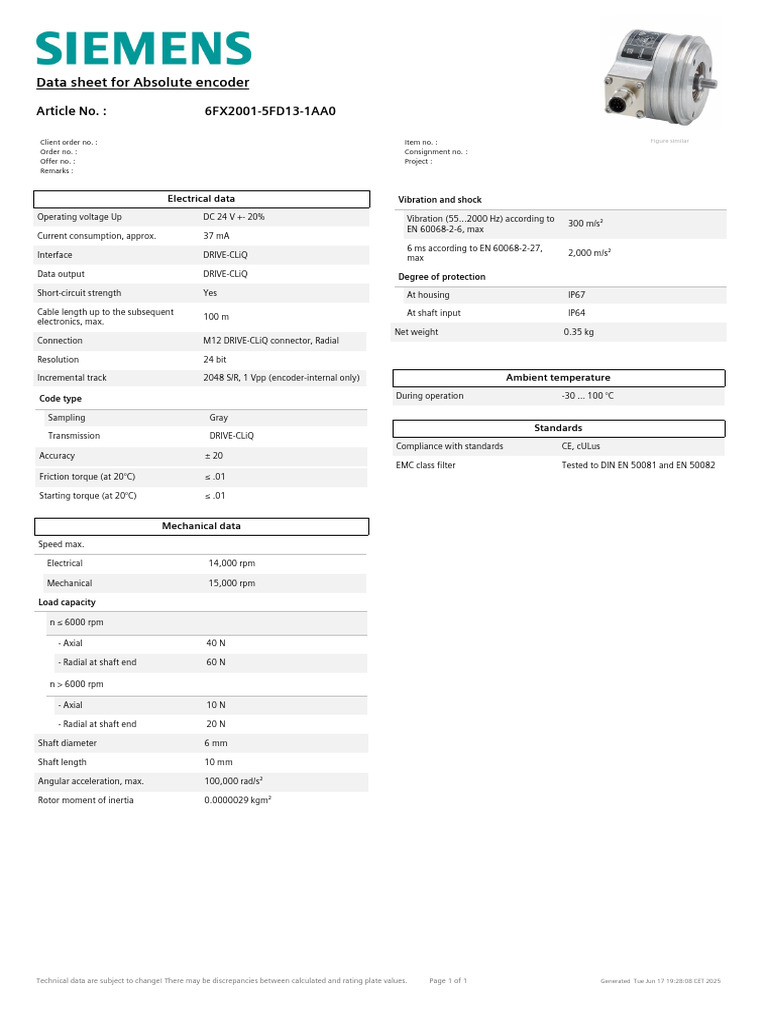 Absolute Encoder Data Sheet 6FX2001-5FD13 | PDF | Torque | Electrical ...