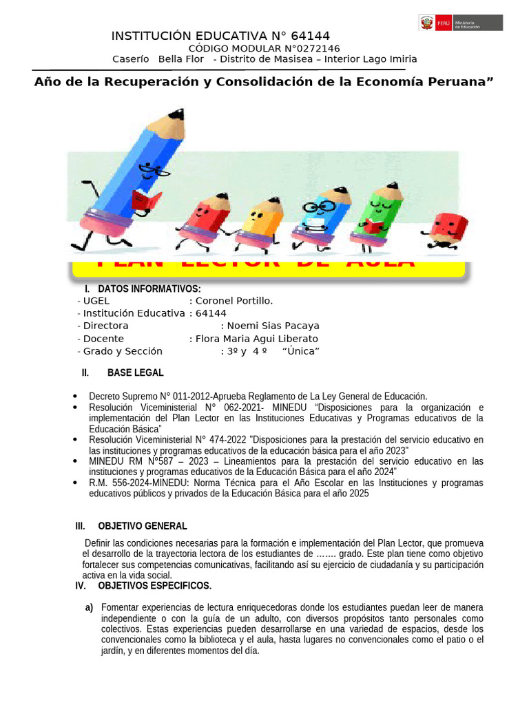 Plan Lector 2025 para I.E. N° 64144 | PDF | Salón de clases | Educación ...