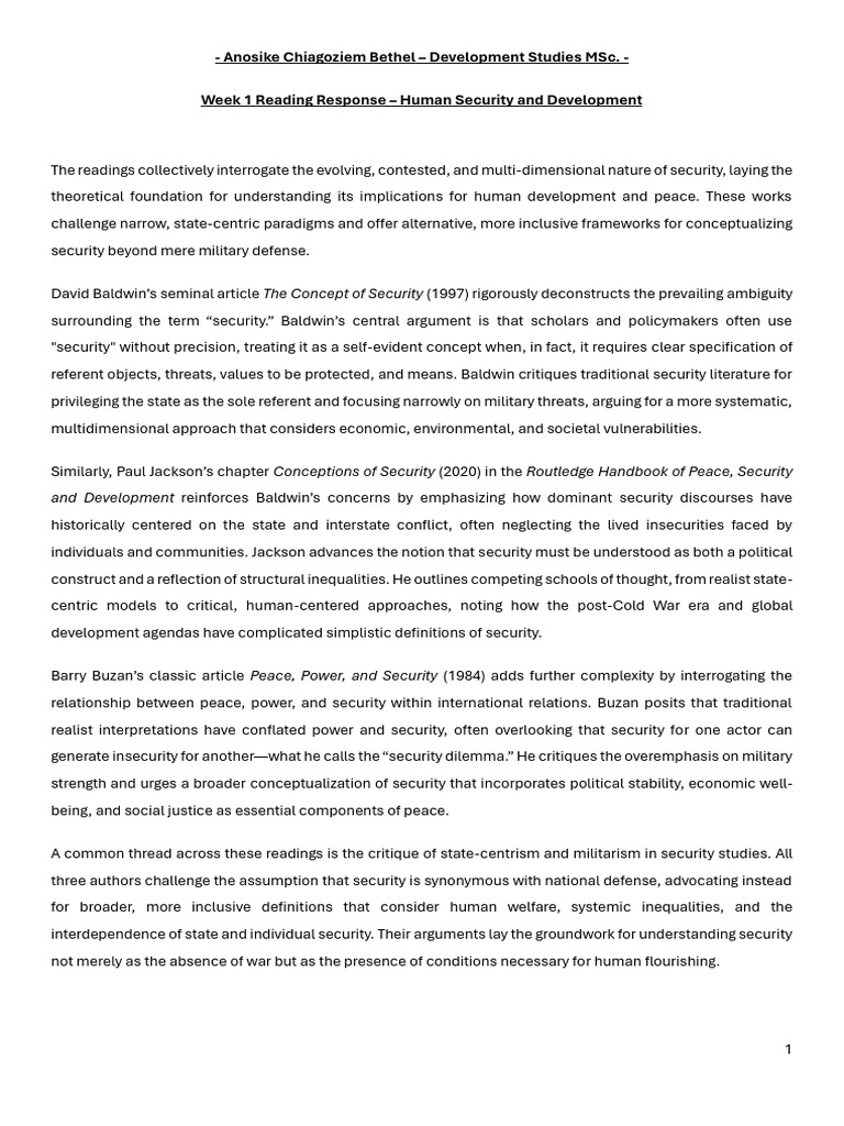 Week 1 Reading Response - Anosike Chiagoziem Bethel | PDF | Human ...