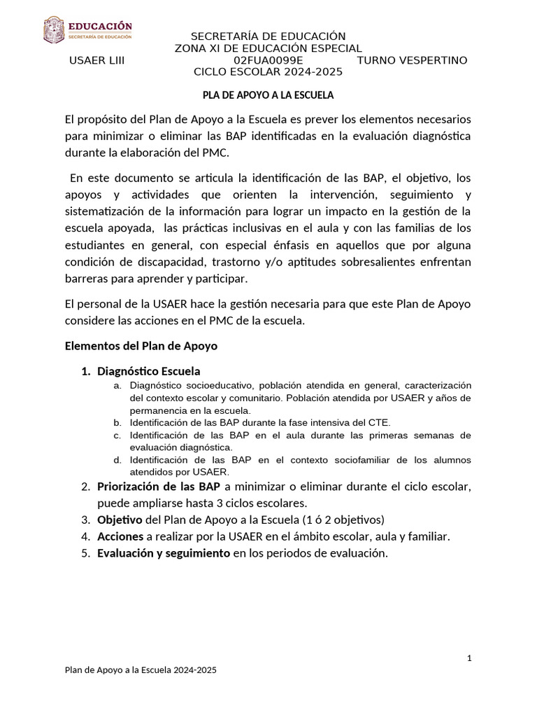 Pla de Apoyo A La Escuela Formato | PDF | Educación especial | Escuelas