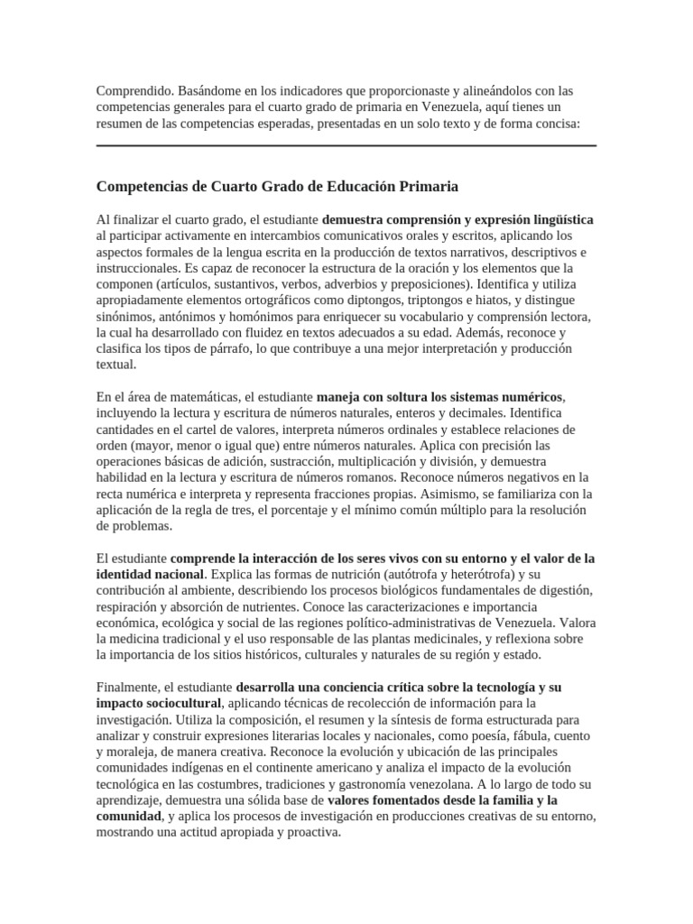 Competencias Cuarto Grado Primaria Venezuela | PDF | Comprensión lectora